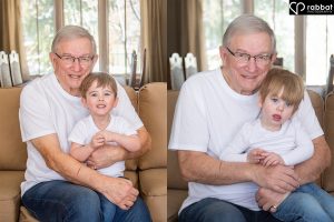 Two side by side vertical photos. In both photos, an 80 year old man is holding a boy around two in his lap. They are all wearing white t-shirts.
