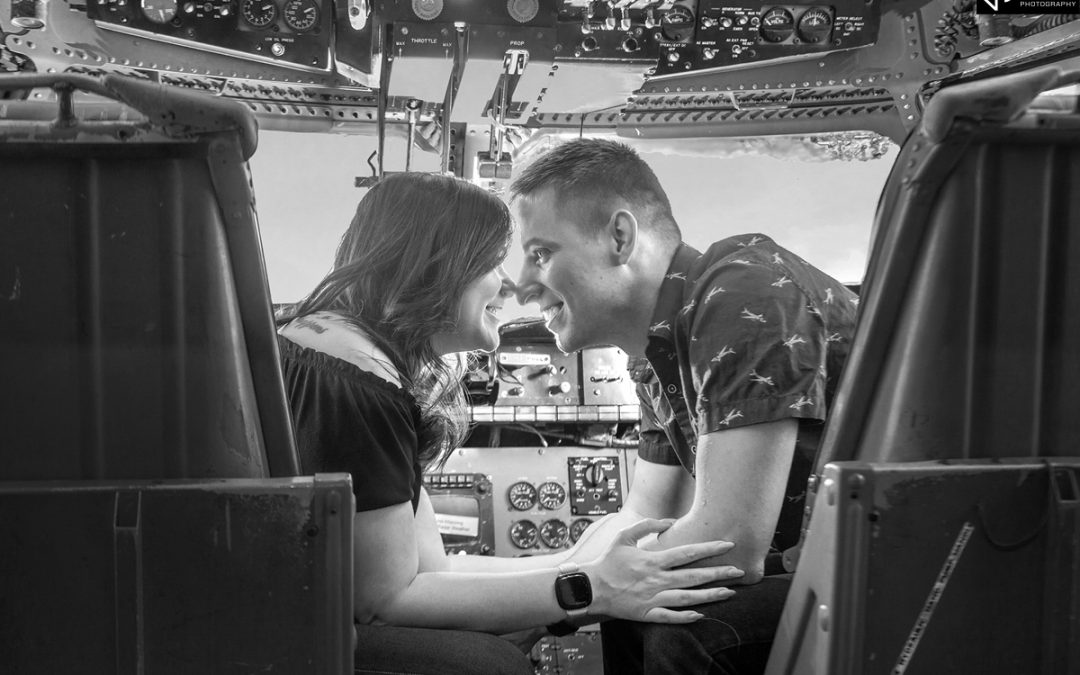 Engagement Photo in cockpit of airplane