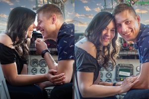 Side by side vertical photos of a couple in a historic airplane cockpit. In the one on the left, they are about to kiss. In the photo on the right, they are looking at the camera.