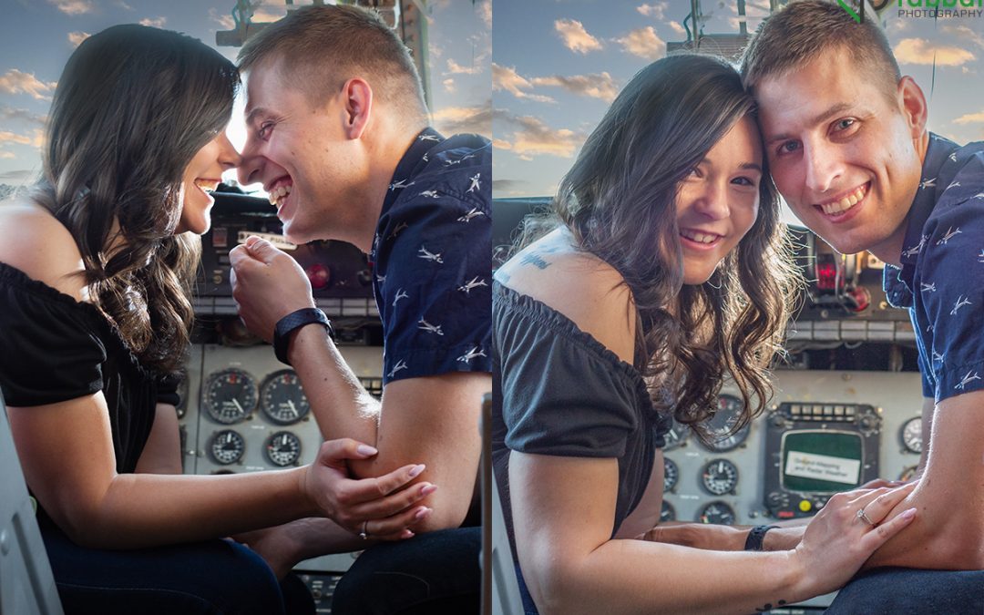 Engagement photos in an airplane cockpit!